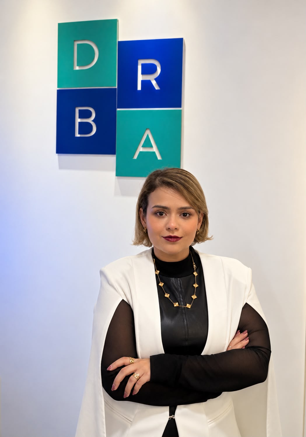 Dra. Rebeca Rodrigues dos Santos Acharezzi de blazer branco, com os braços cruzados