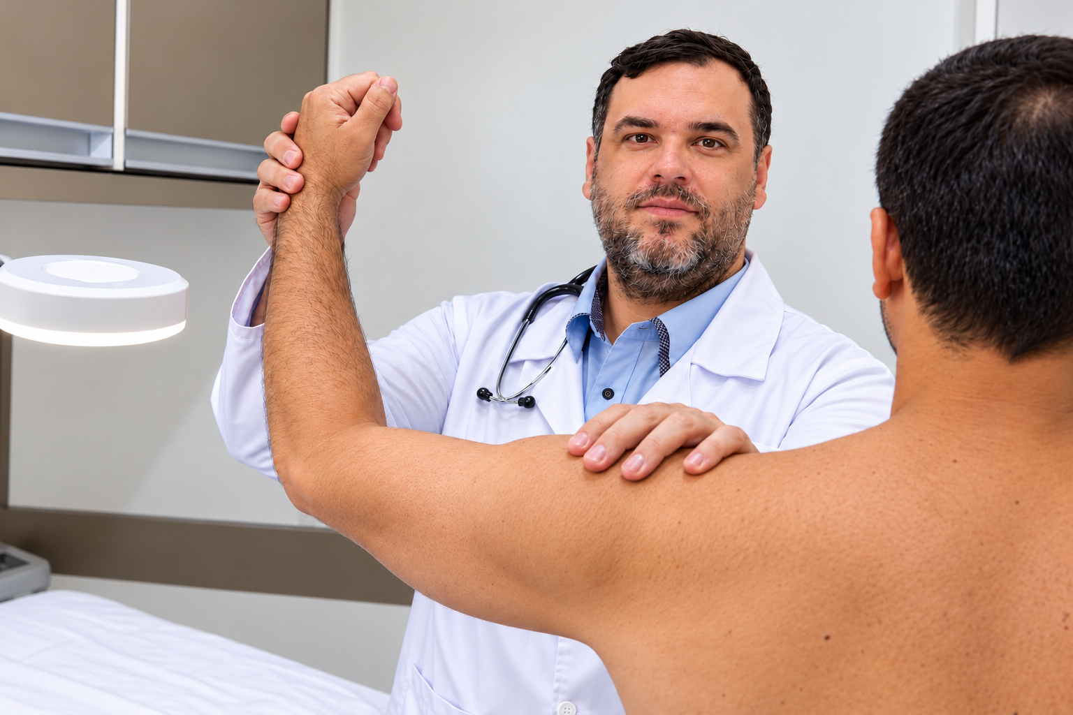 Dr. Bruno Acharezzi avaliando o ombro de um paciente no consultório, com as mãos apoiadas no braço e no punho